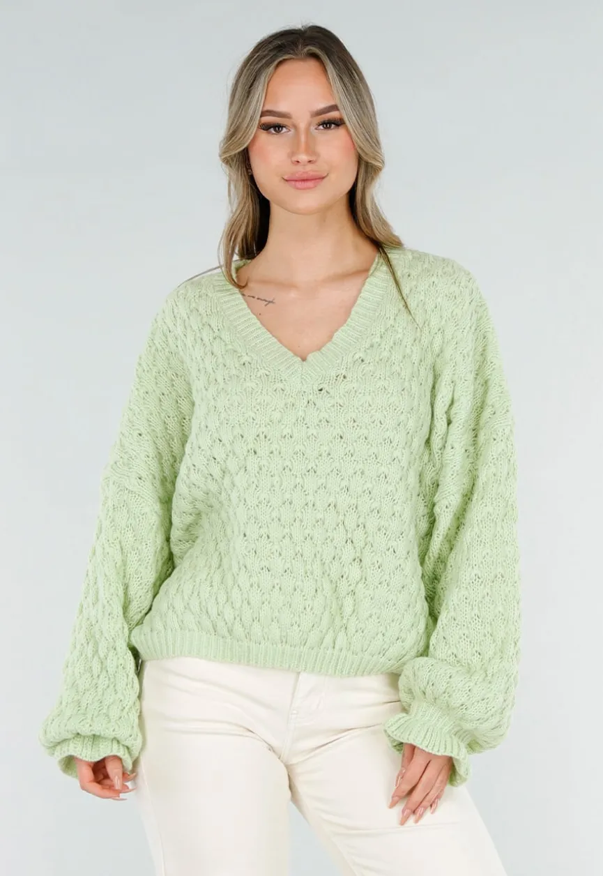 Mintgroene Gebreide Trui met V Hals
