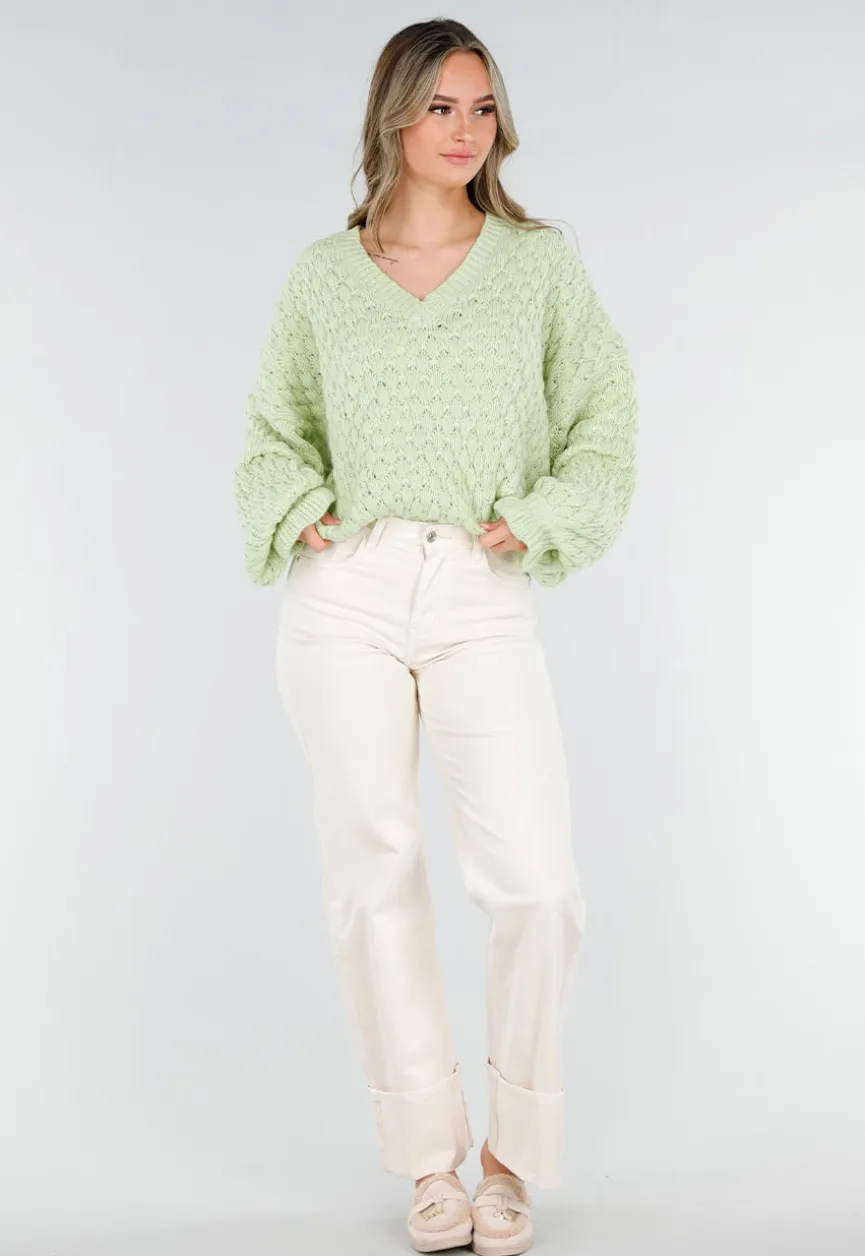 Mintgroene Gebreide Trui met V Hals