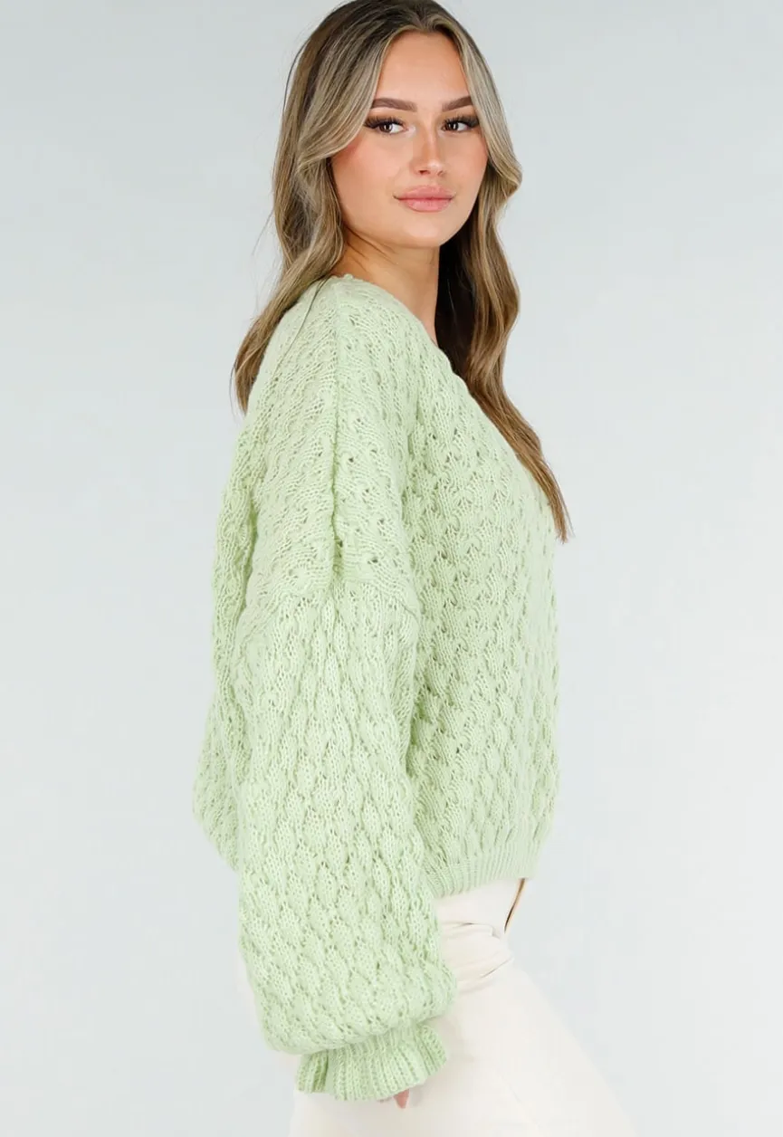 Mintgroene Gebreide Trui met V Hals