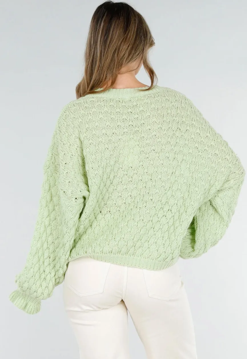 Mintgroene Gebreide Trui met V Hals