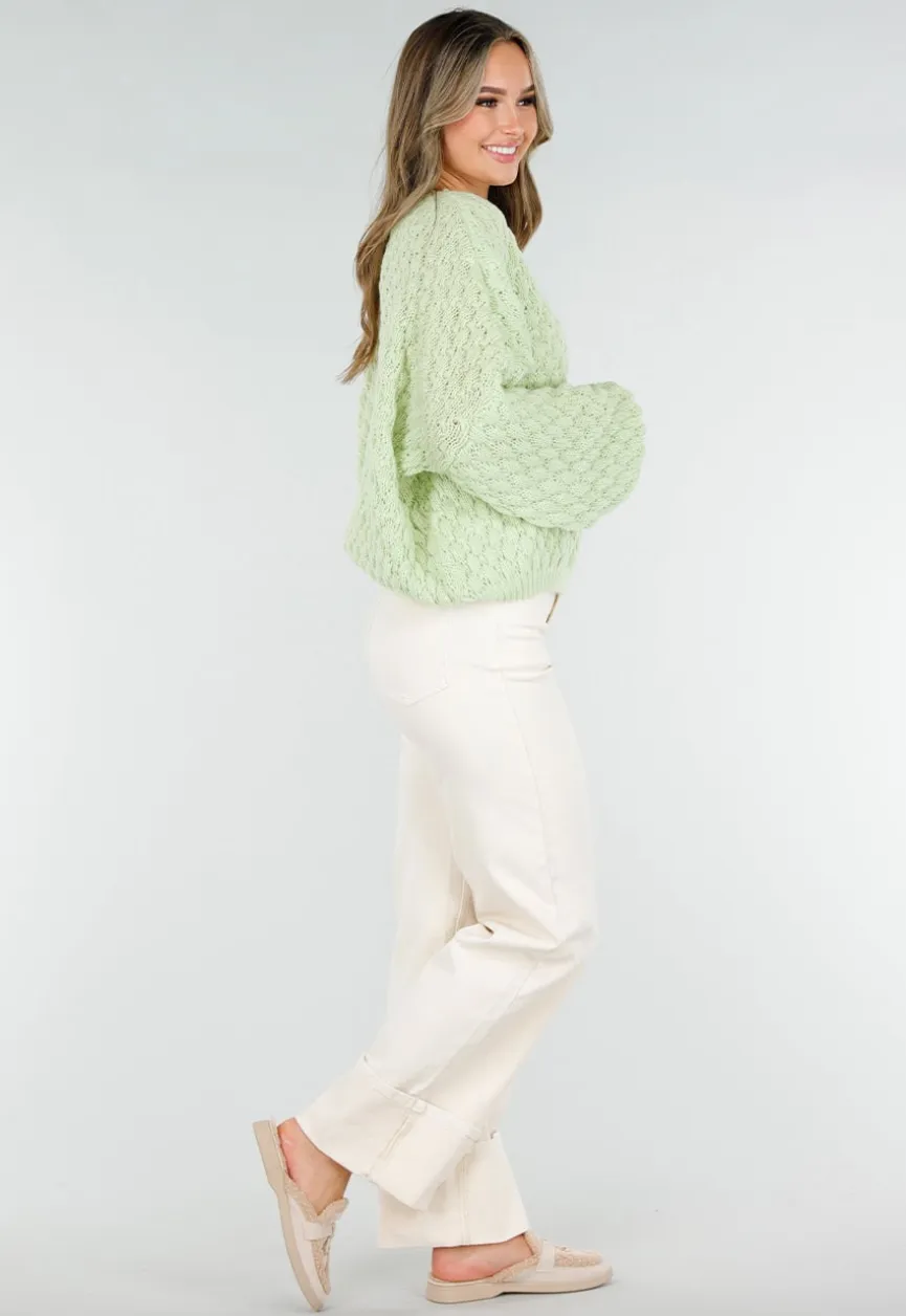 Mintgroene Gebreide Trui met V Hals