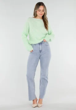 Mintgroene Gebreide Wollen Twist Trui met V Hals en Open Rug
