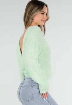 Mintgroene Gebreide Wollen Twist Trui met V Hals en Open Rug
