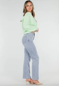 Mintgroene Gebreide Wollen Twist Trui met V Hals en Open Rug