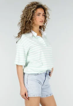 Mintgroene Gestreepte Polo T-shirt met Kraag en Korte Mouwen