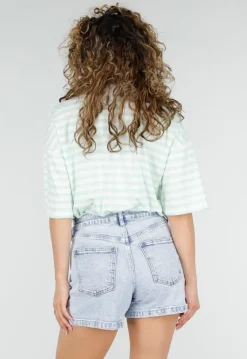 Mintgroene Gestreepte Polo T-shirt met Kraag en Korte Mouwen