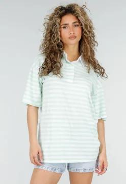 Mintgroene Gestreepte Polo T-shirt met Kraag en Korte Mouwen