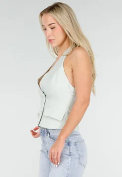 Mintgroene Gilet Top met Open Rug en Gouden Knopen