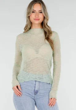 Mintgroene Kanten Top met Lange Mouwen en Stretch
