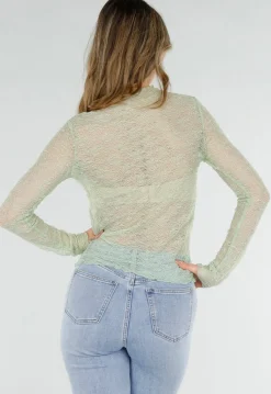 Mintgroene Kanten Top met Lange Mouwen en Stretch