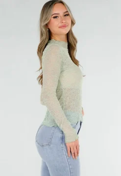 Mintgroene Kanten Top met Lange Mouwen en Stretch