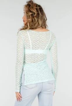 Mintgroene Kanten Top met Lange Mouwen en Stretch