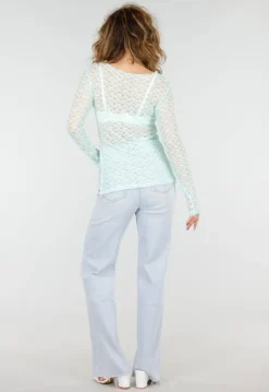 Mintgroene Kanten Top met Lange Mouwen en Stretch