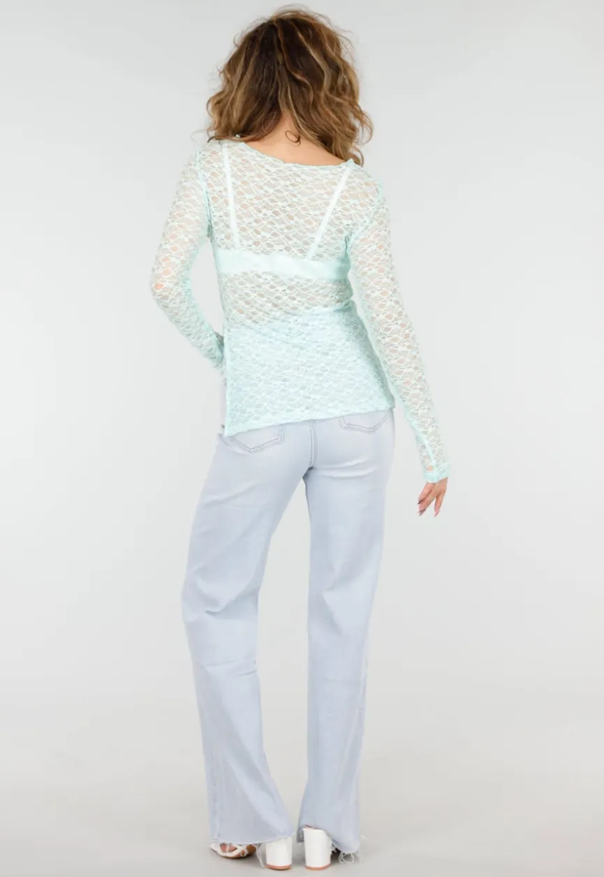 Mintgroene Kanten Top met Lange Mouwen en Stretch
