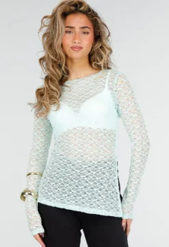 Mintgroene Kanten Top met Lange Mouwen en Stretch
