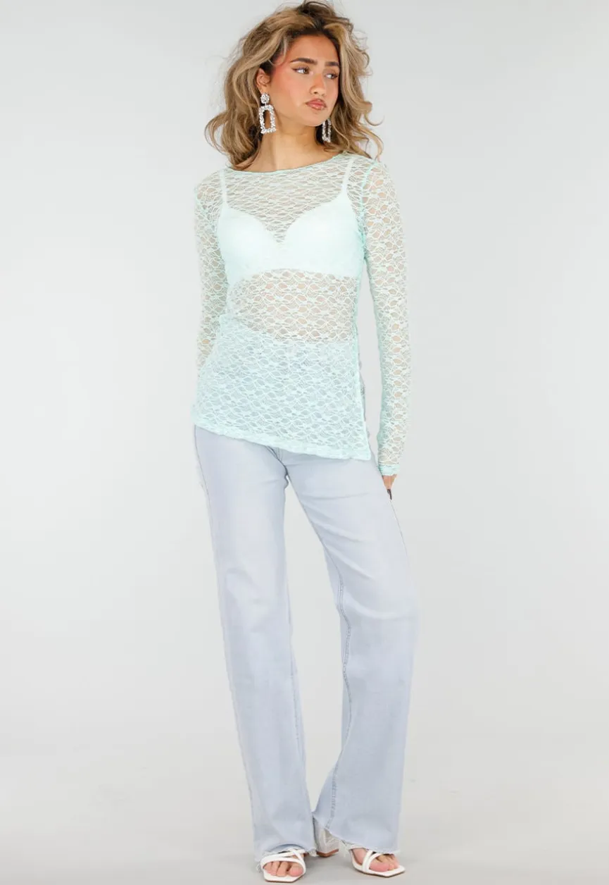 Mintgroene Kanten Top met Lange Mouwen en Stretch