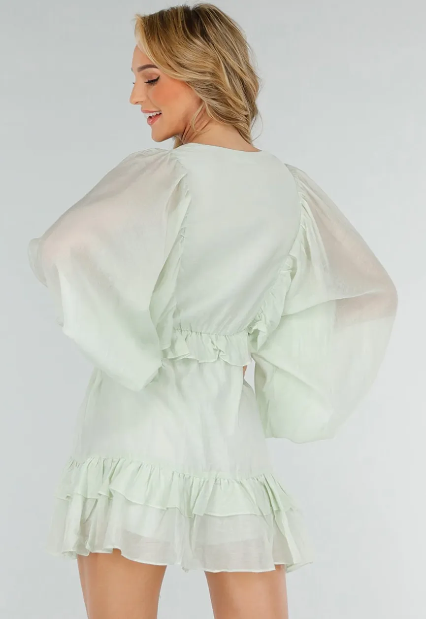 Mintgroene Korte Jurk met Volants, Knoopjes en Ballonmouwen