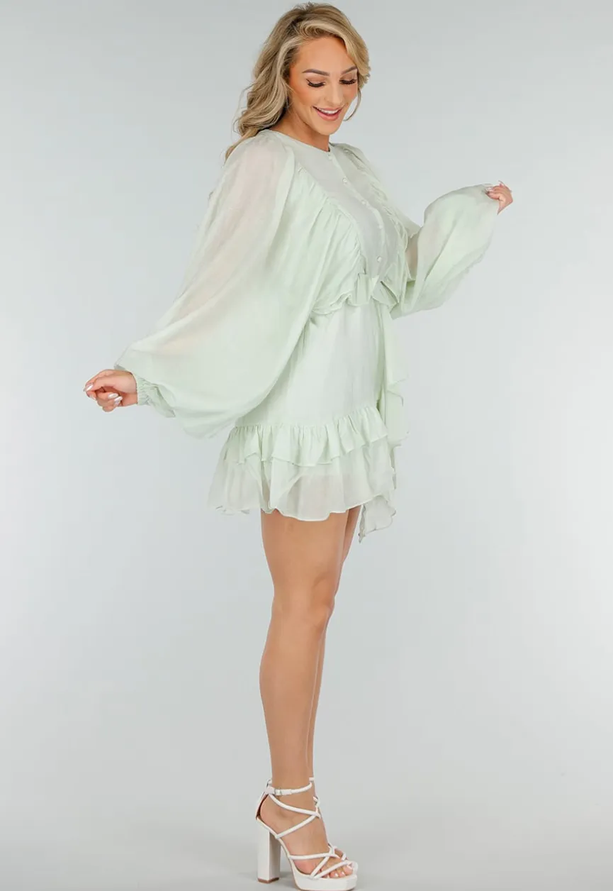 Mintgroene Korte Jurk met Volants, Knoopjes en Ballonmouwen