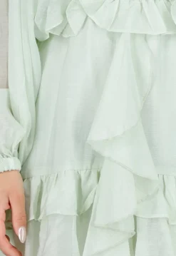 Mintgroene Korte Jurk met Volants, Knoopjes en Ballonmouwen