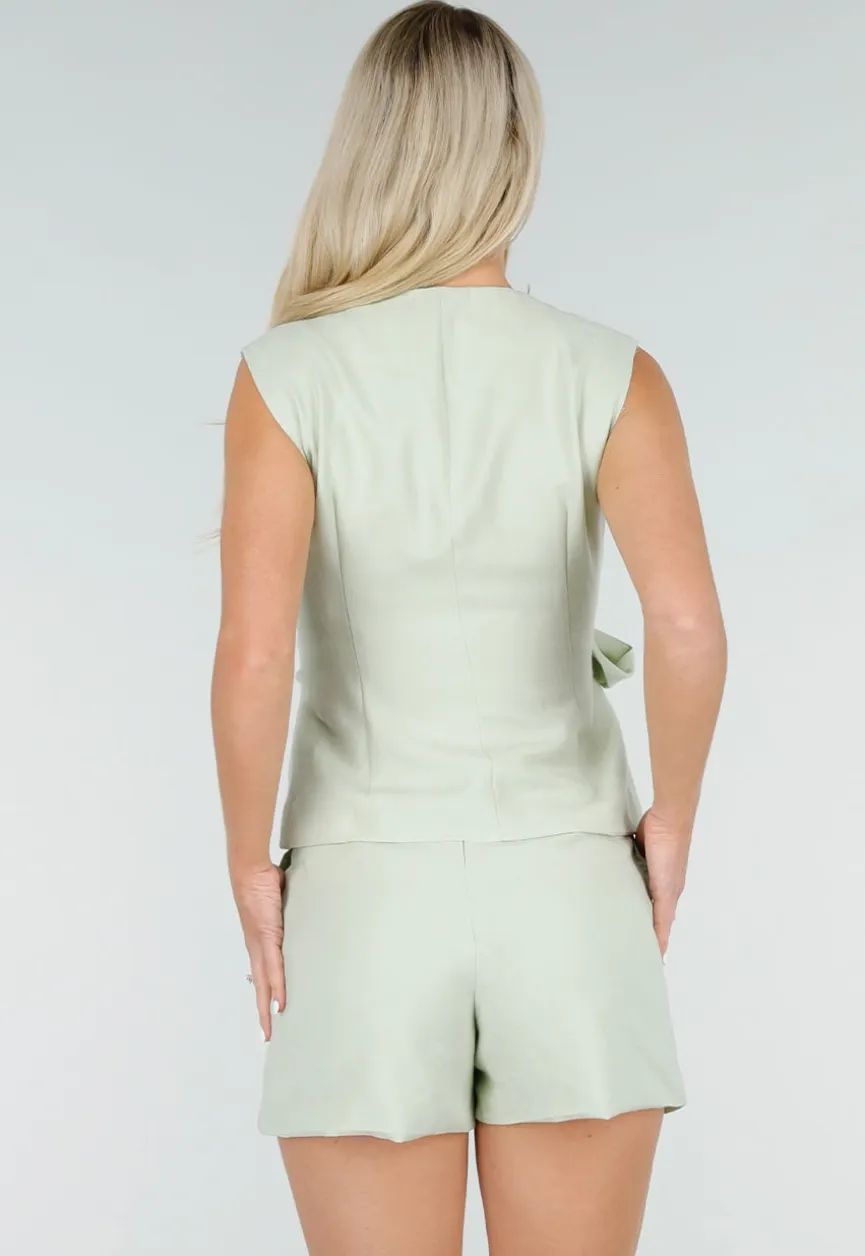 Mintgroene Linnenlook Gilet Top met Overslag en Striksluiting