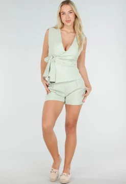 Mintgroene Linnenlook Gilet Top met Overslag en Striksluiting
