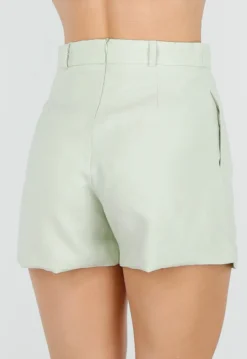 Mintgroene Linnenlook Short met Plooien en Rechte Pijpen