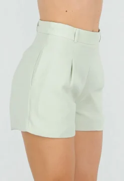Mintgroene Linnenlook Short met Plooien en Rechte Pijpen