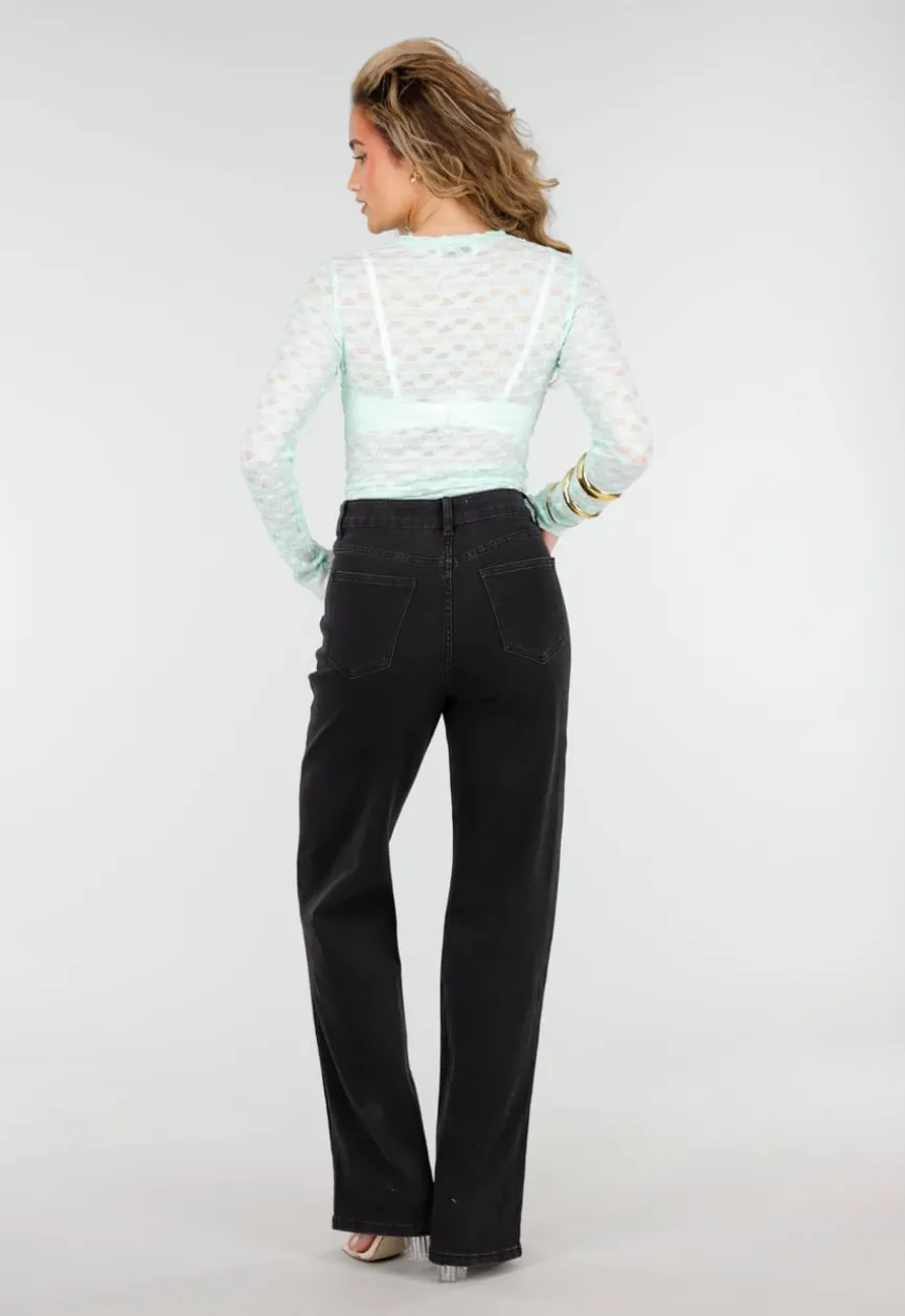 Mintgroene Mesh Body met Lange Mouwen met Stretch
