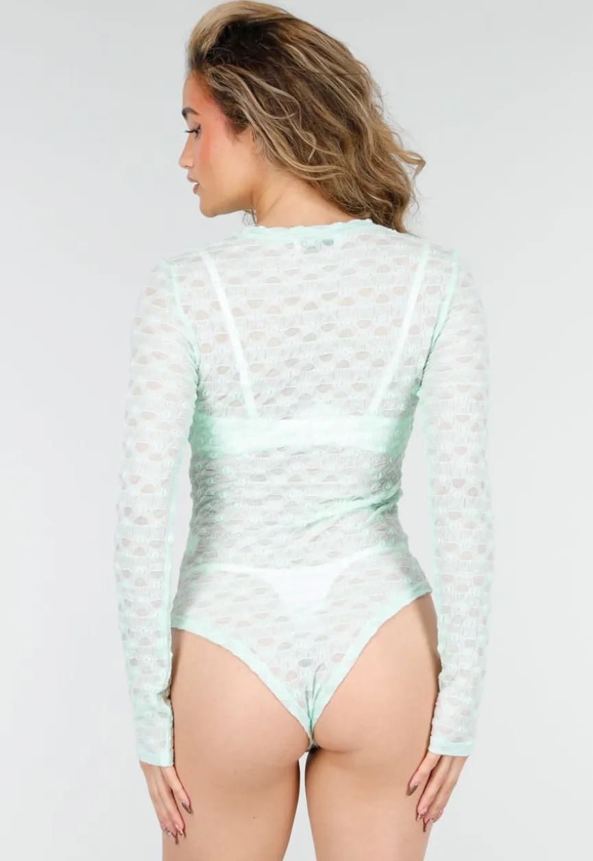 Mintgroene Mesh Body met Lange Mouwen met Stretch