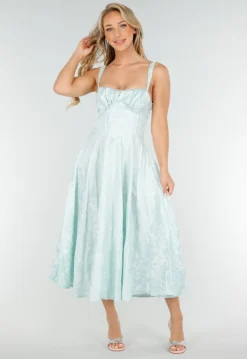 Mintgroene Midi Jurk met Brede Bandjes en Licht Glanzend Motief