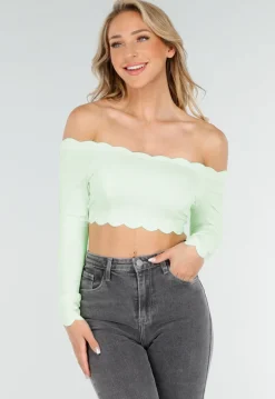 Mintgroene Off Shoulder Crop Top met Lange Mouwen en Pads