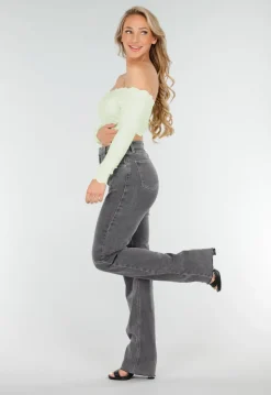 Mintgroene Off Shoulder Crop Top met Lange Mouwen en Pads