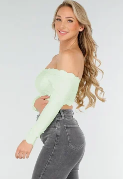 Mintgroene Off Shoulder Crop Top met Lange Mouwen en Pads