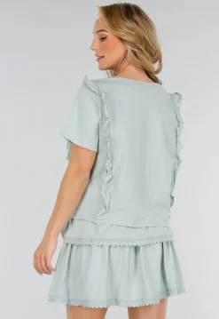 Mintgroene Two Piece Set met Ruches en Embroidery details