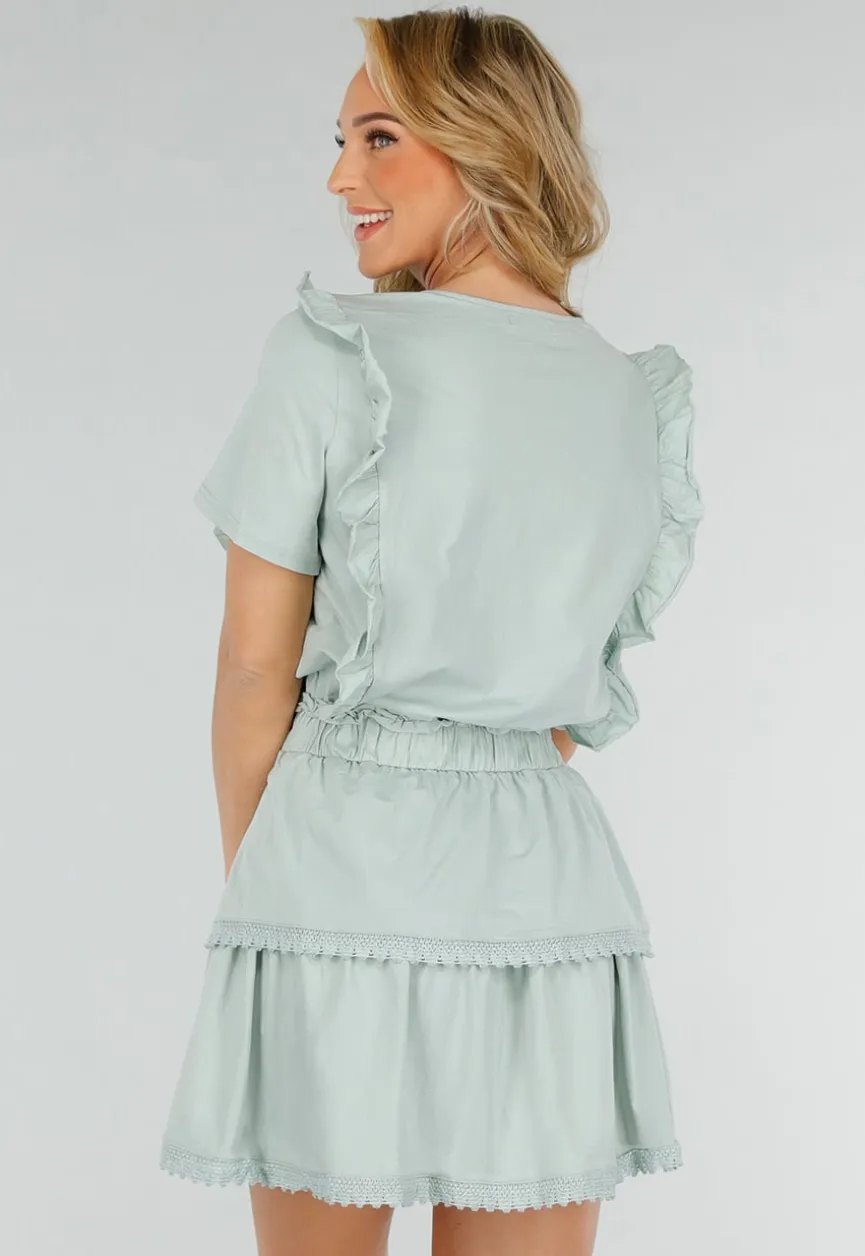 Mintgroene Two Piece Set met Ruches en Embroidery details