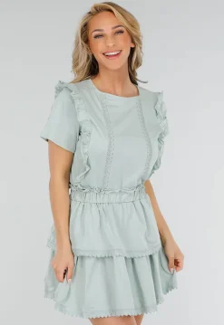 Mintgroene Two Piece Set met Ruches en Embroidery details