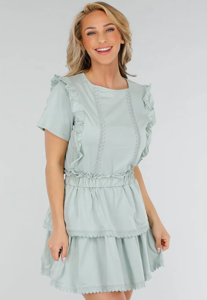 Mintgroene Two Piece Set met Ruches en Embroidery details