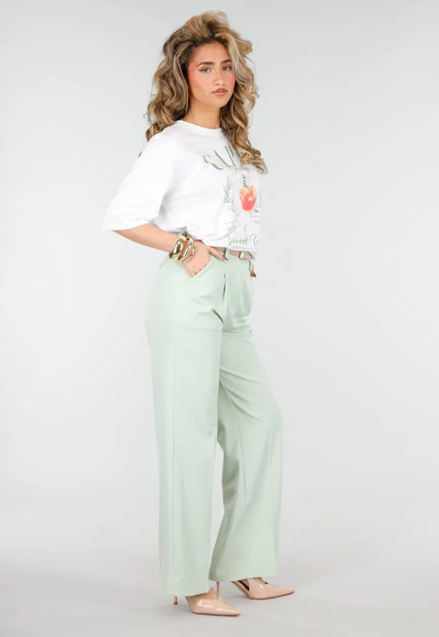 Mintgroene Wide Leg Pantalon