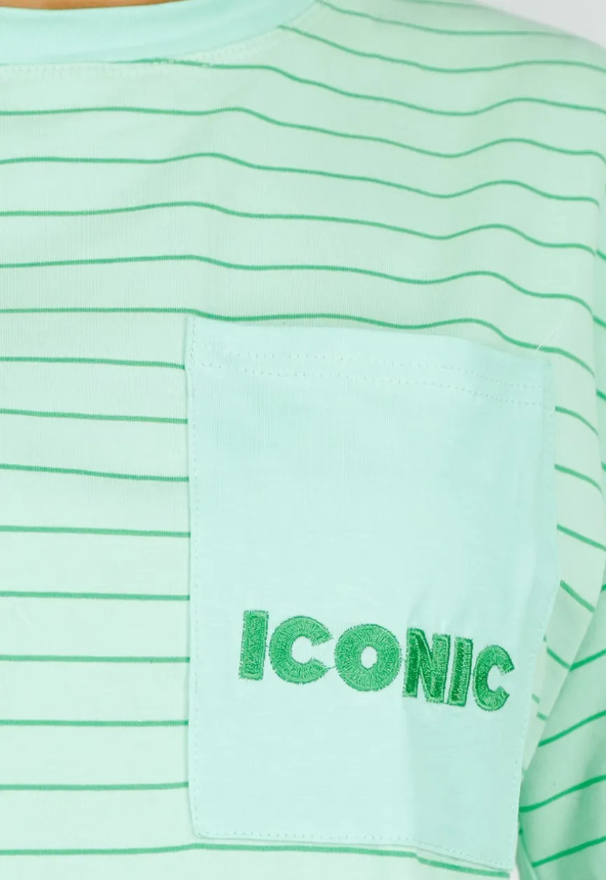 Mintgroen Gestreept Oversized T-shirt met Iconic Opdruk