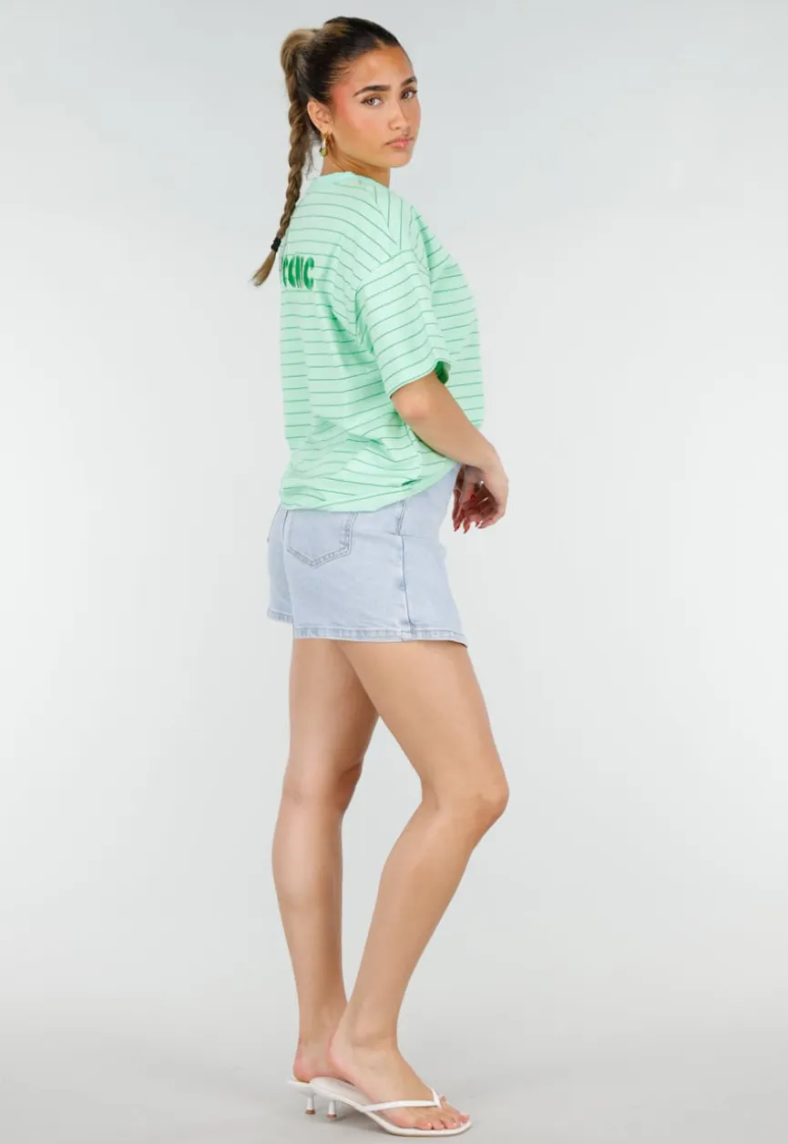 Mintgroen Gestreept Oversized T-shirt met Iconic Opdruk