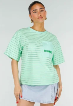 Mintgroen Gestreept Oversized T-shirt met Iconic Opdruk