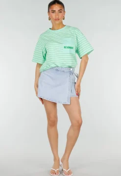 Mintgroen Gestreept Oversized T-shirt met Iconic Opdruk