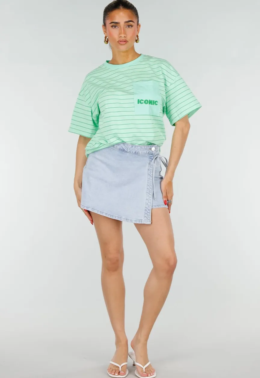 Mintgroen Gestreept Oversized T-shirt met Iconic Opdruk