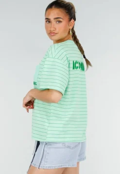 Mintgroen Gestreept Oversized T-shirt met Iconic Opdruk