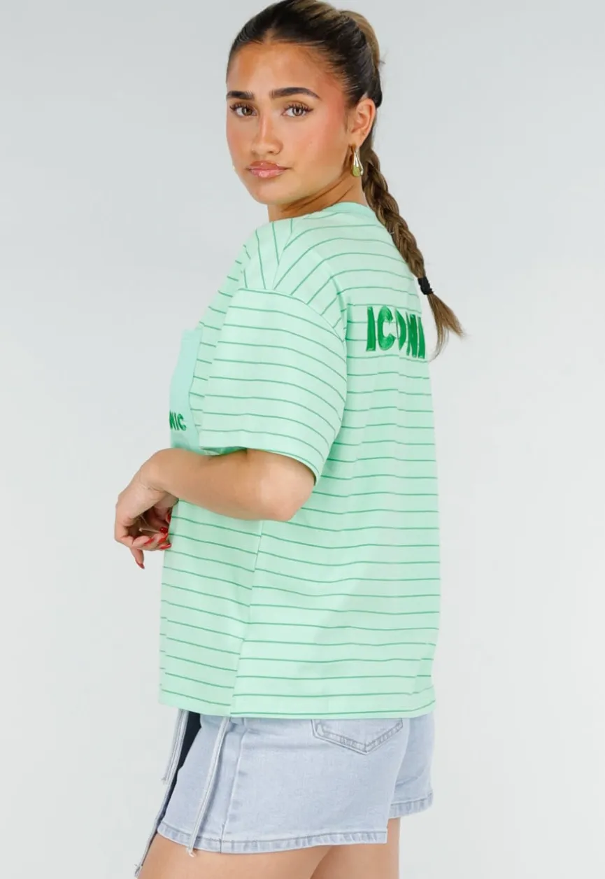 Mintgroen Gestreept Oversized T-shirt met Iconic Opdruk