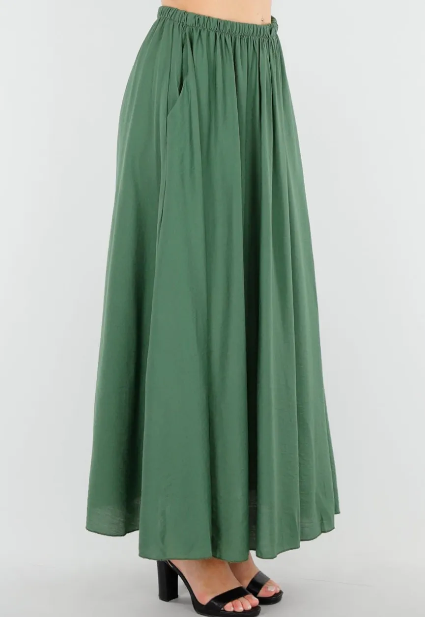 Mosgroene Linnenlook Maxi Rok met Zakken en Elastische Tailleband