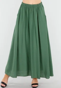 Mosgroene Linnenlook Maxi Rok met Zakken en Elastische Tailleband