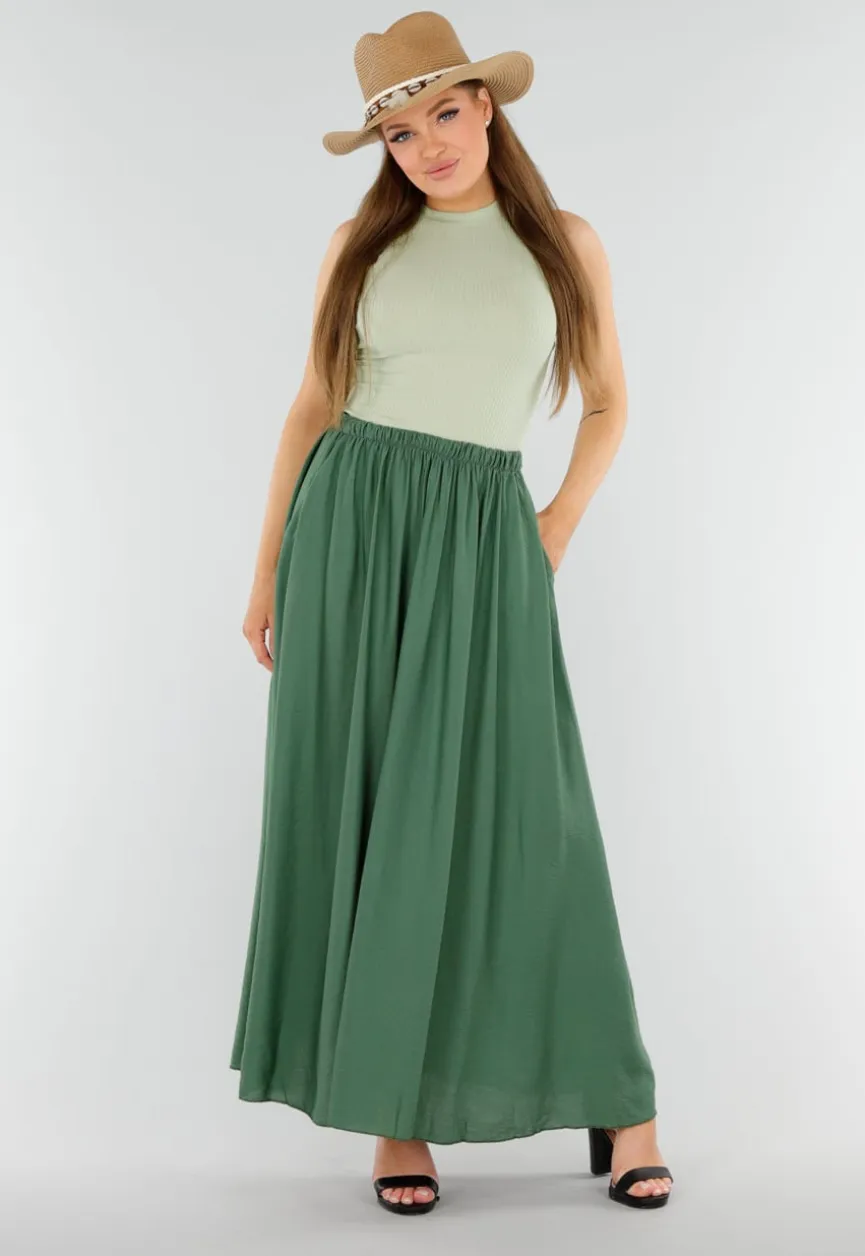 Mosgroene Linnenlook Maxi Rok met Zakken en Elastische Tailleband