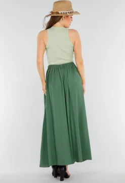 Mosgroene Linnenlook Maxi Rok met Zakken en Elastische Tailleband