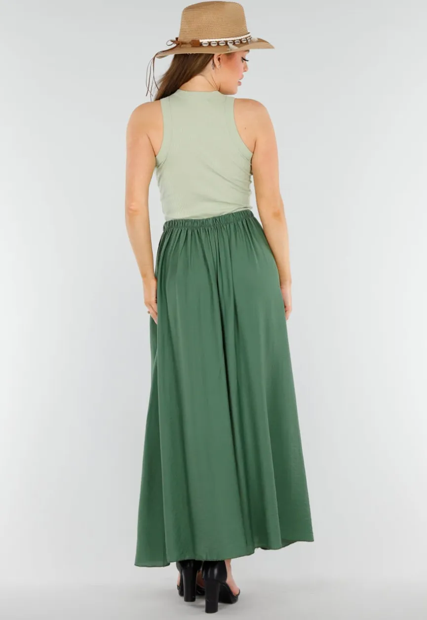 Mosgroene Linnenlook Maxi Rok met Zakken en Elastische Tailleband
